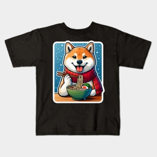 Shiba Inu Eating Ramen Snowing Kids T-Shirt